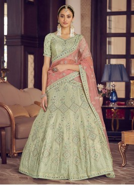 Green Faux Crepe Sequins A Line Lehenga Choli