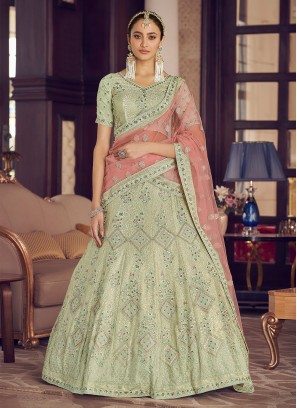 Green Faux Crepe Sequins A Line Lehenga Choli