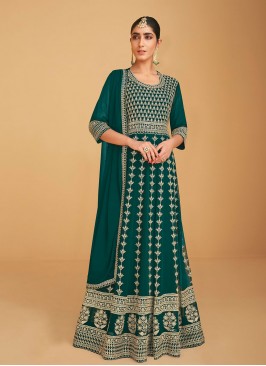 Green Faux Georgette Embroidered Floor Length Anarkali Suit