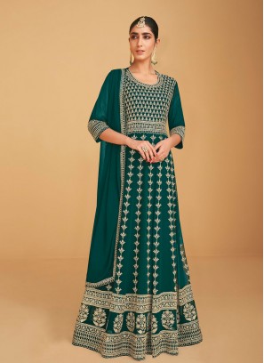 Green Faux Georgette Embroidered Floor Length Anarkali Suit