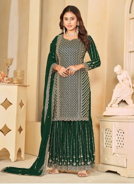 Green Faux Georgette Embroidered Salwar Suit