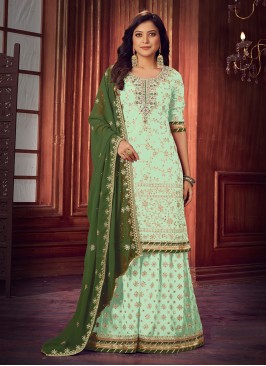 Green Faux Georgette Embroidered Trendy Salwar Suit