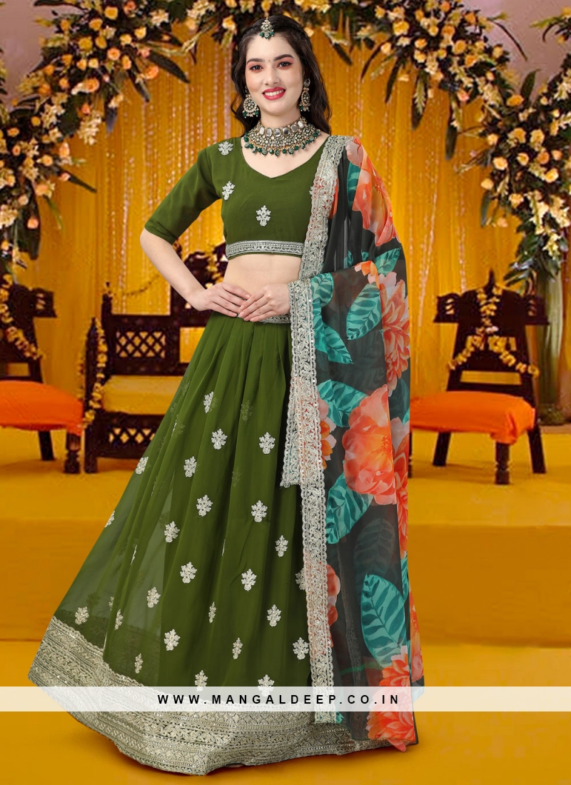 Mehndi Green Full Zarkan Work Velvet Semi Stitched Lehenga Choli With Net  Dupatta