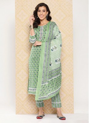 Green Floral Print Straight Salwar Kameez