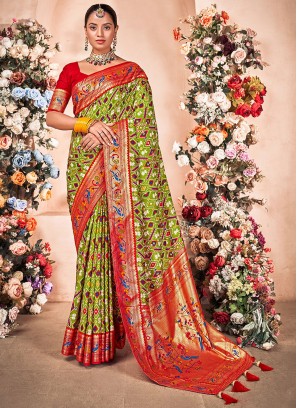 Green Foil Print Art Silk Contemporary Saree