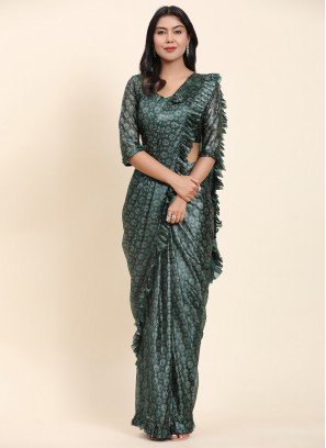 Green Foil Print Fancy Fabric Trendy Saree