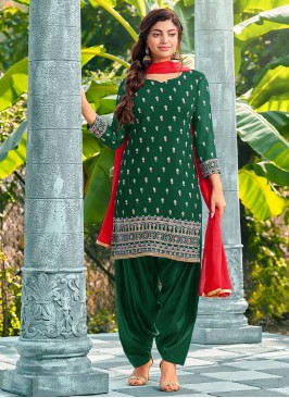 Green Georgette Ceremonial Patiala Salwar Kameez