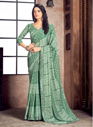 Green Georgette Digital Print Trendy Saree