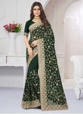 Green Georgette Embroidered Classic Designer Saree