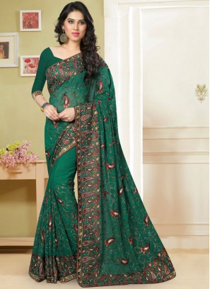 Green Georgette Resham Classic Saree