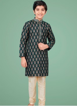 Green gicha silk Indo Western Suit for Boys.