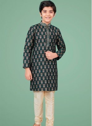 Green gicha silk Indo Western Suit for Boys.