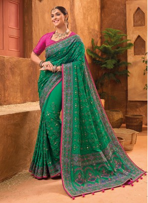 Green Handwork Wedding Classic Saree