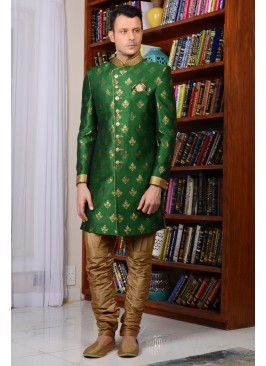 Green Indowestern Style Sherwani For Groom