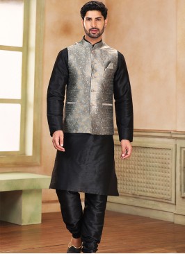 Grey Jacquard Banarasi Silk 3-Piece Jacket Set with black Churidar Bottom.