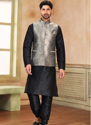 Grey Jacquard Banarasi Silk 3-Piece Jacket Set with black Churidar Bottom.