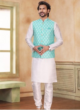 Green Jacquard Banarasi Silk 3-Piece Jacket Set with Off-White Churidar Bottom.