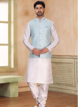 Sky Blue Jacquard Banarasi Silk 3-Piece Jacket Set with Off-White Churidar Bottom.