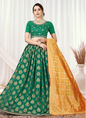 Green Jacquard Work A Line Lehenga Choli