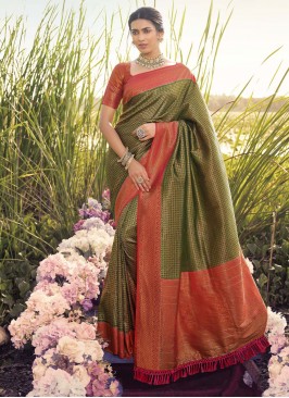 Green Jacquard Work Mehndi Saree