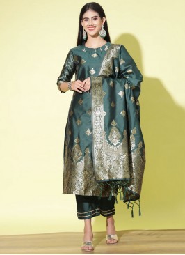 Green Jacquard Woven Pant Style Suit
