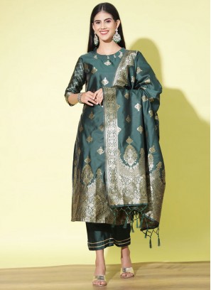 Green Jacquard Woven Pant Style Suit