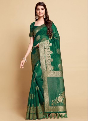 Green Linen Woven Classic Saree