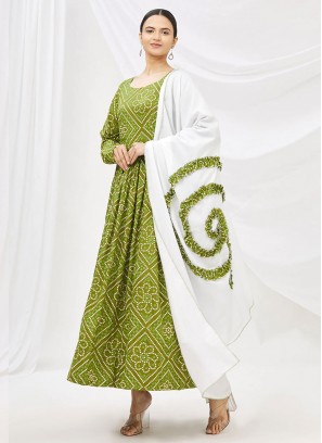 Green Muslin Print Party Wear Kurti