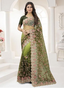 Green Net Embroidered Traditional Designer Saree