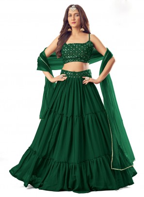 Green Net Plain Readymade Lehenga Choli