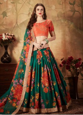 Green Organza Floral Print A Line Lehenga Choli