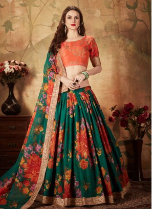 Green Organza Floral Print A Line Lehenga Choli