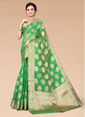 Green Organza Weaving Traditional Saree