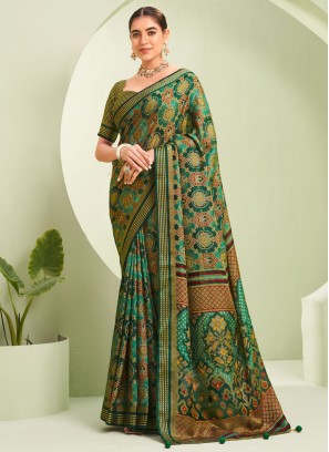Green Paisley Print Ceremonial Designer Saree