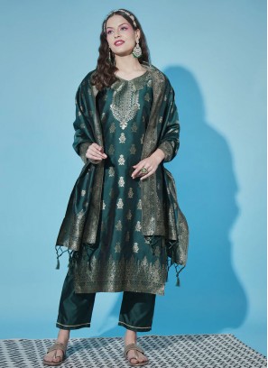 Green Party Cotton Silk Readymade Salwar Suit