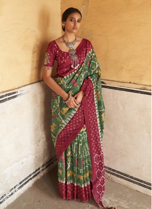 Green Printed Casual Contemporary Saree