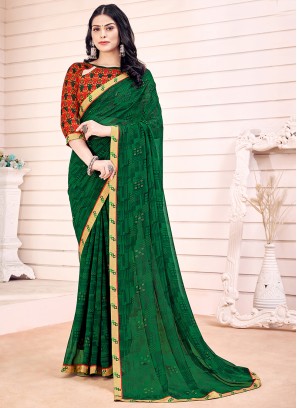 Green Printed Georgette Saree With Blouse
