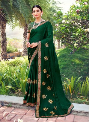 Green Printed Silk Classic Saree