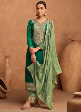 Green Reception Silk Straight Salwar Kameez