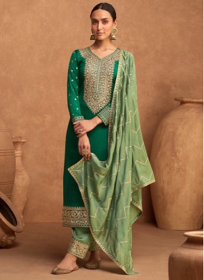 Green Reception Silk Straight Salwar Kameez