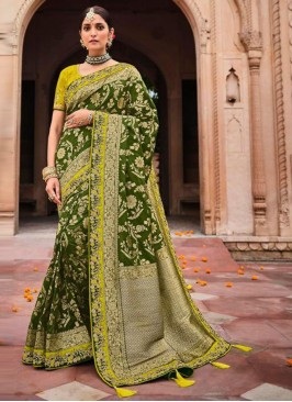 Green Sangeet Banarasi Silk Classic Designer Saree