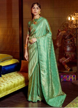 Green Satin Embroidered Contemporary Saree