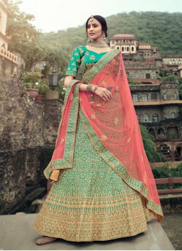 Green Satin Engagement Lehenga Choli
