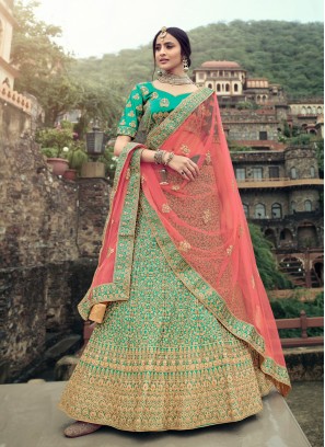 Green Satin Engagement Lehenga Choli