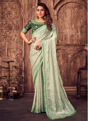 Green Satin Silk Embroidered Trendy Saree