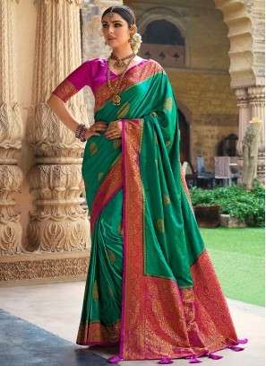 Green Satin Silk Party Classic Saree