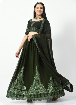 Green Sequins Cotton A Line Lehenga Choli