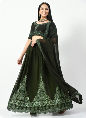 Green Sequins Cotton A Line Lehenga Choli