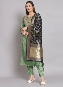 Green Silk Blend Embroidered Pant Style Suit