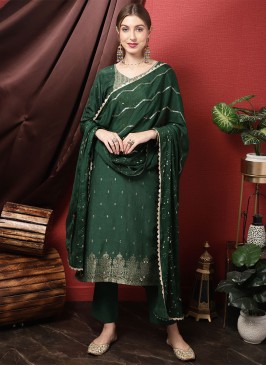 Green Silk Embroidered Straight Salwar Suit